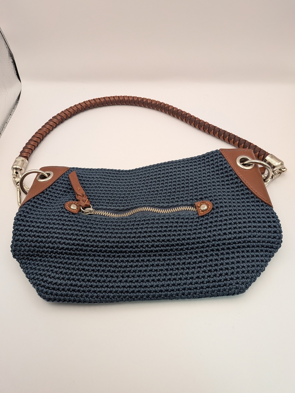 The Sak Indio Navy Blue Crochet Shoulder Bag Braided Strap Boho Hobo 11" Purse